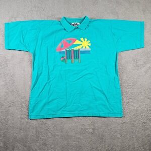 Vintage SK Sport Teal Beach Graphic Polo Shirt Mens Large Made in USA 90s Cotton